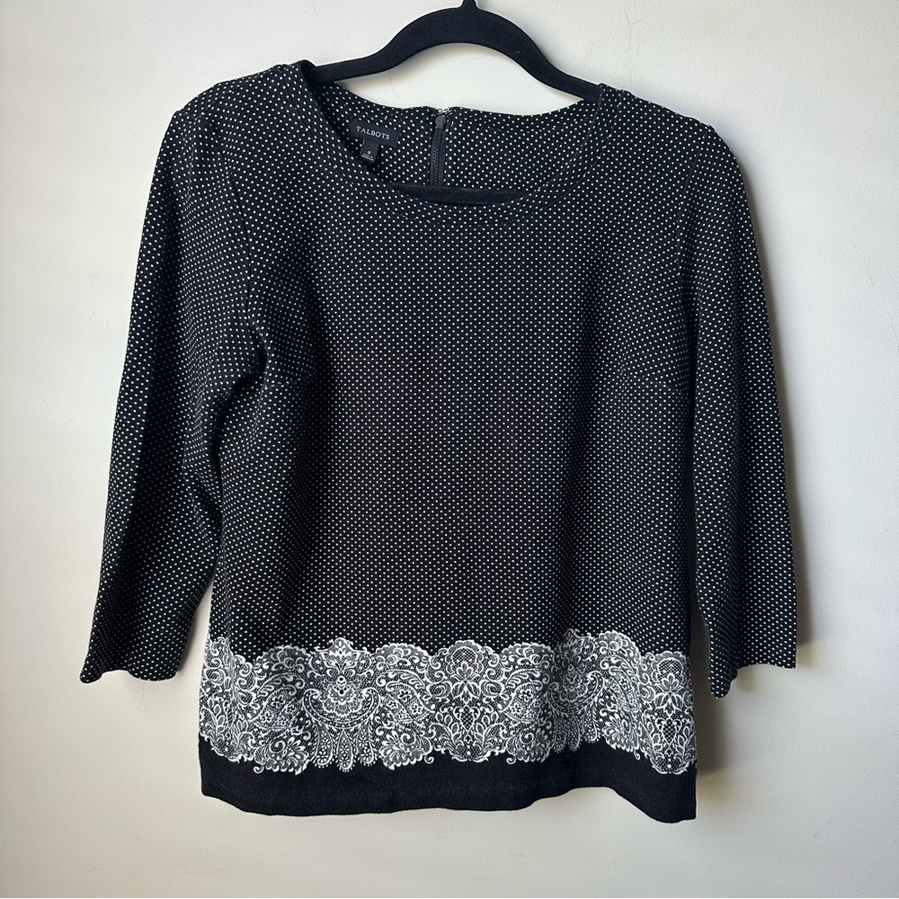 Talbots Shirt Womens Size Small Black White Polka Dots 3/4 Sleeve Pullover Top